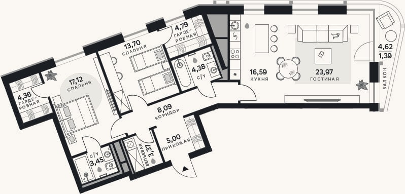 Планировка: 3-к, 104,8 м²