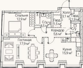 Планировка: 2-к, 65,7 м²