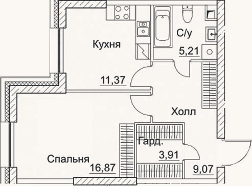 Планировка: 1-к, 46,4 м²