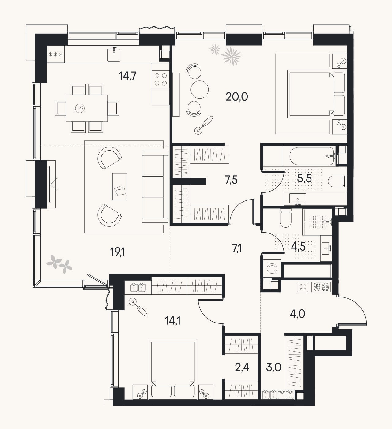 Планировка: 3-к, 101,9 м²