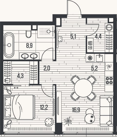Планировка: 2-к, 59 м²