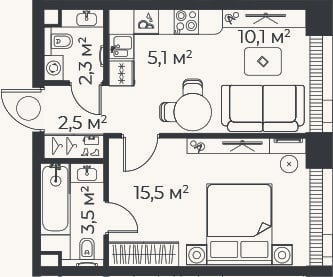 Планировка: 2-к, 38,9 м²