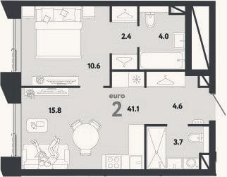 Планировка: 2-к, 41,1 м²
