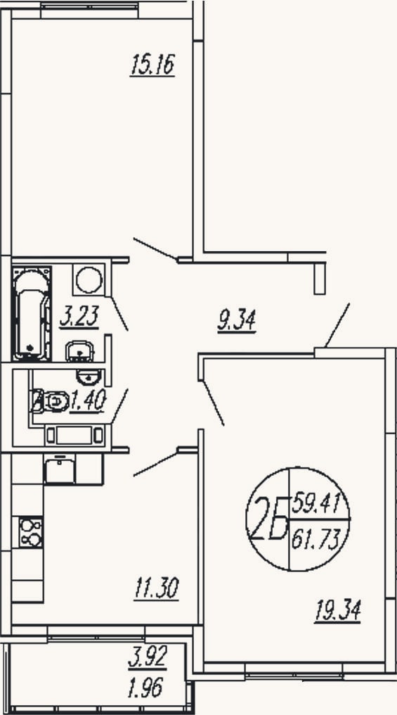 Планировка: 2-к, 59,8 м²