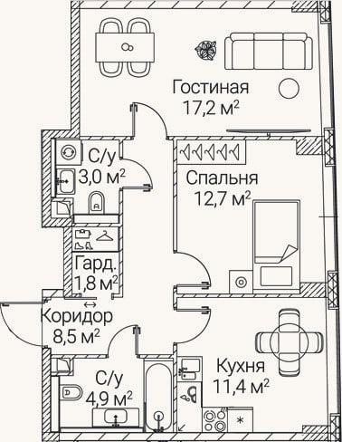Планировка: 2-к, 59,5 м²