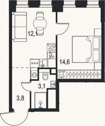Планировка: 1-к, 33,6 м²