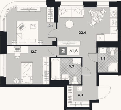 Планировка: 2-к, 61,6 м²