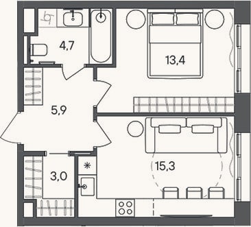 Планировка: 1-к, 42,3 м²