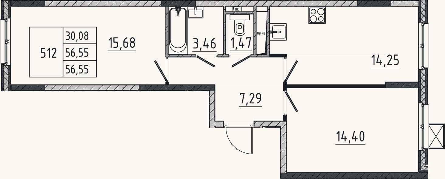 Планировка: 2-к, 56,6 м²
