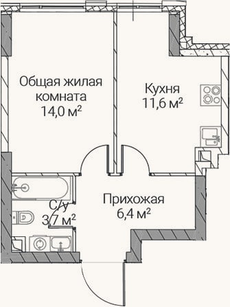 Планировка: 1-к, 35,7 м²