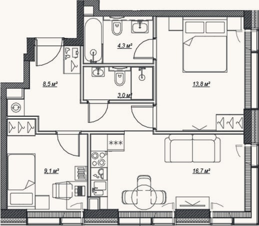 Планировка: 3-к, 55,4 м²