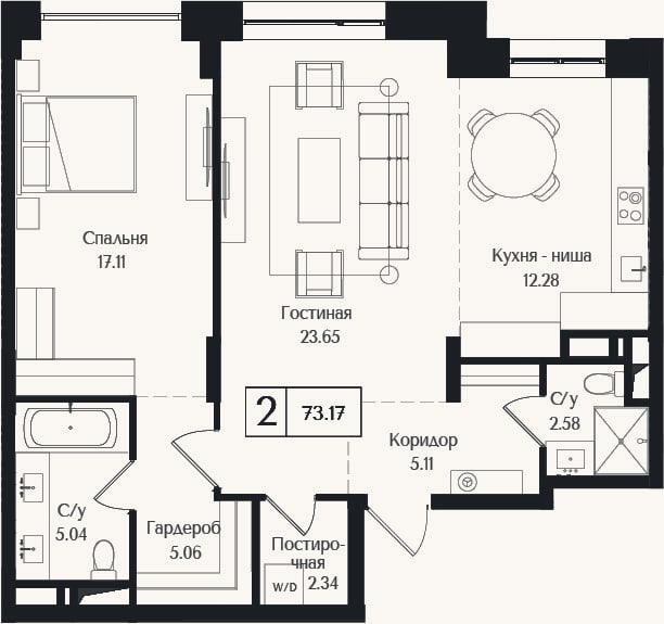 Планировка: 2-к, 73,2 м²