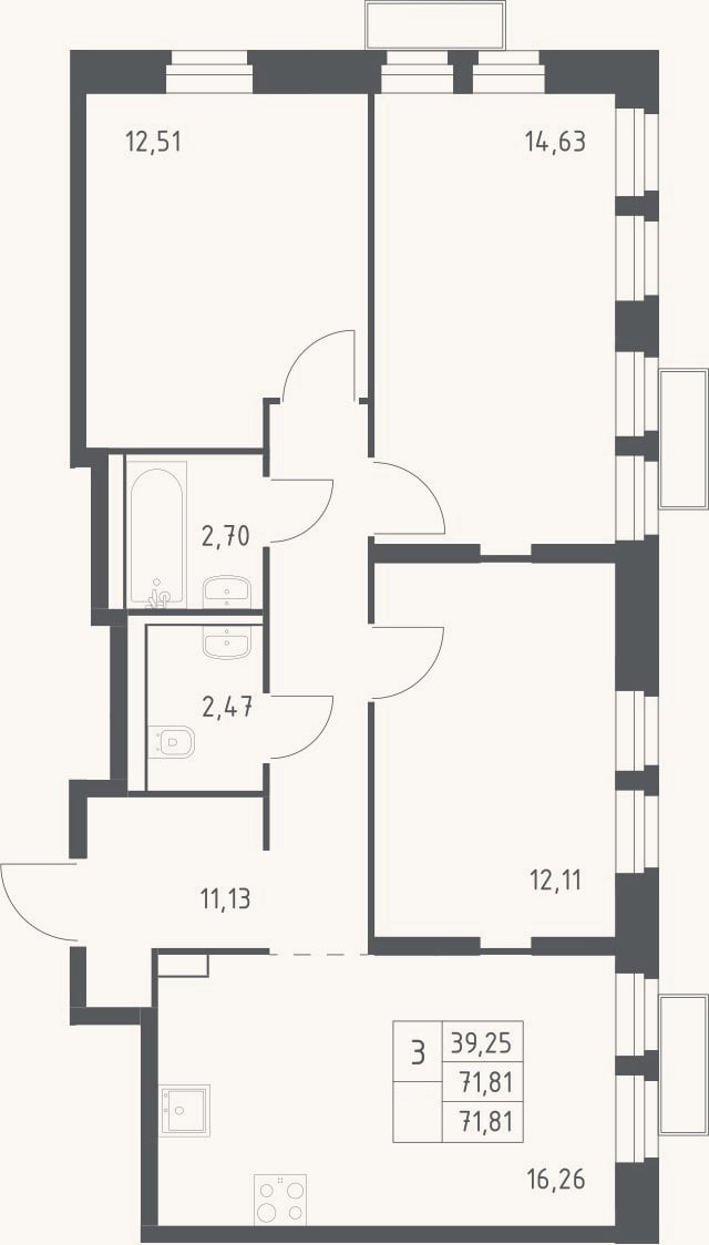 Планировка: 3-к, 71,8 м²