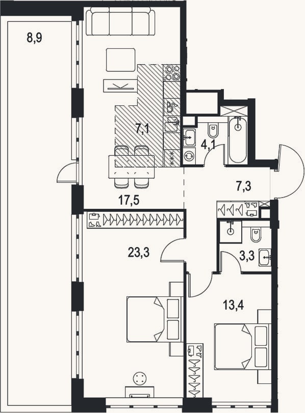Планировка: 3-к, 76 м²