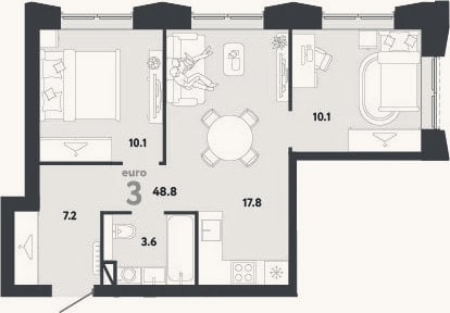 Планировка: 3-к, 48,8 м²