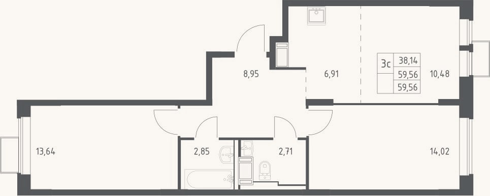 Планировка: 3-к, 59,6 м²