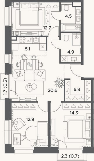 Планировка: 4+ к, 81,8 м²
