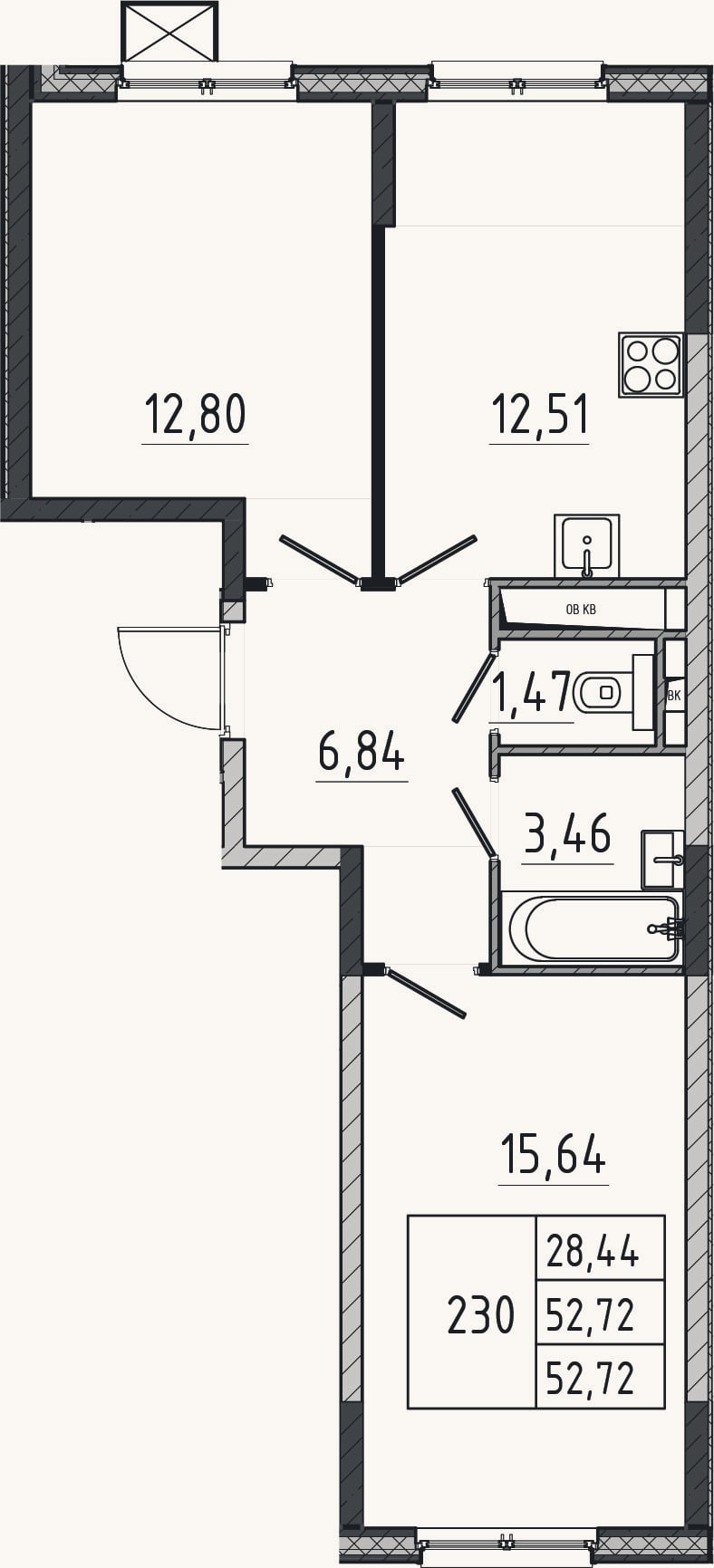 Планировка: 2-к, 52,7 м²