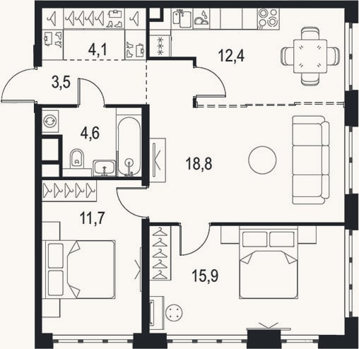 Планировка: 3-к, 71 м²