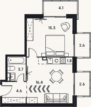 Планировка: 2-к, 41,8 м²