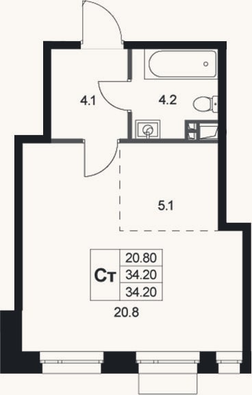Планировка: Студия, 34,2 м²
