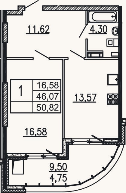 Планировка: 1-к, 46,1 м²