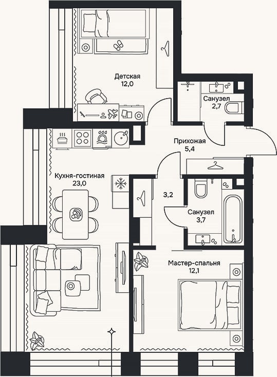 Планировка: 3-к, 62,1 м²