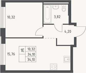 Планировка: 2-к, 34,1 м²