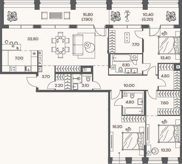 Планировка: 4+ к, 132,6 м²