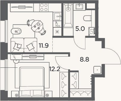 Планировка: 1-к, 37,9 м²