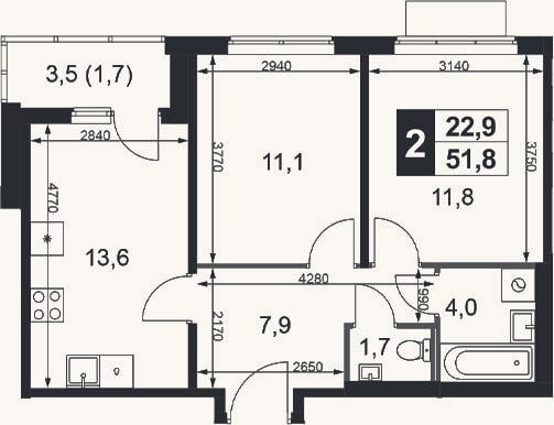 Планировка: 2-к, 50,1 м²