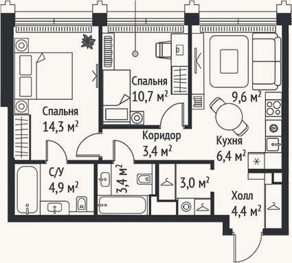 Планировка: 3-к, 60,1 м²