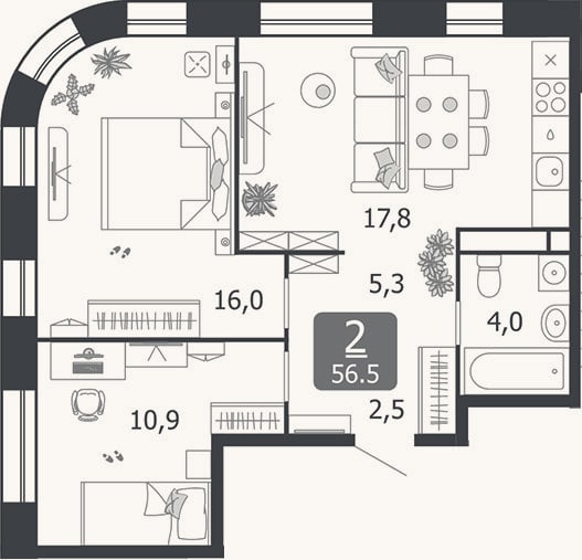 Планировка: 3-к, 56,5 м²