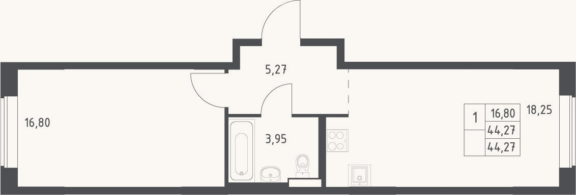 Планировка: 2-к, 44,3 м²