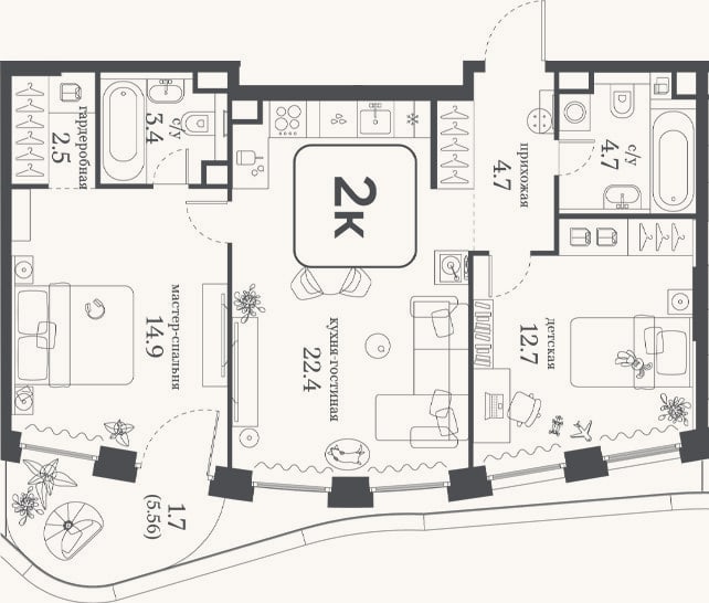 Планировка: 2-к, 65,3 м²
