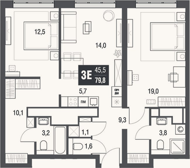 Планировка: 3-к, 79,8 м²