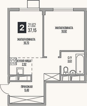 Планировка: 2-к, 37,2 м²