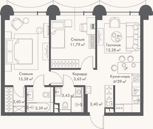 Планировка: 3-к, 62,5 м²