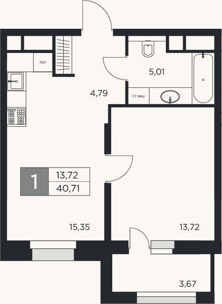 Планировка: 2-к, 38,9 м²