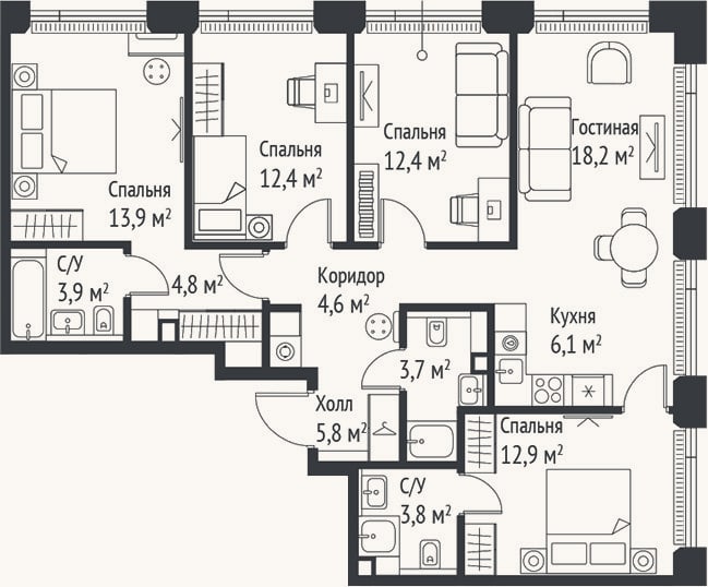 Планировка: 4+ к, 102,6 м²