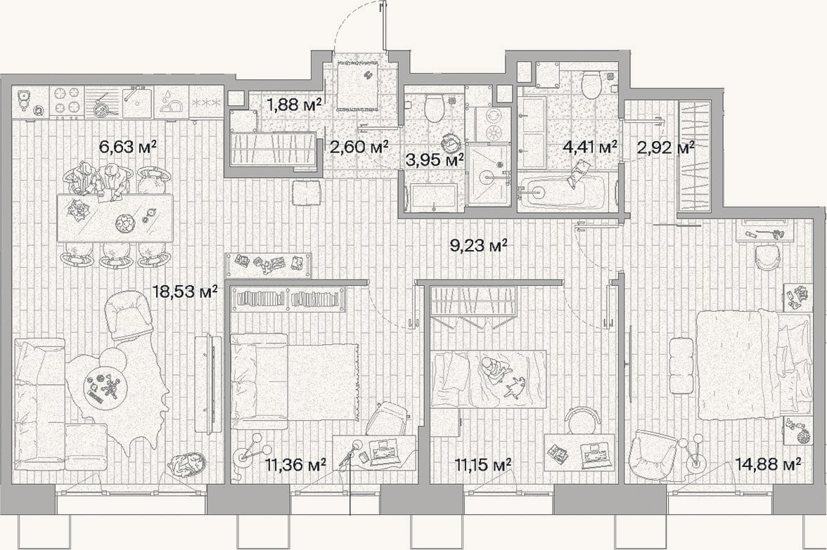 Планировка: 4+ к, 87,5 м²