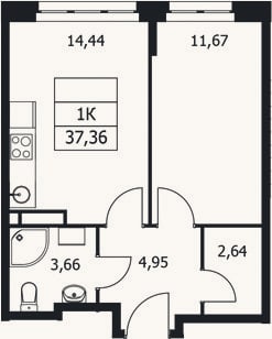 Планировка: 1-к, 37,4 м²