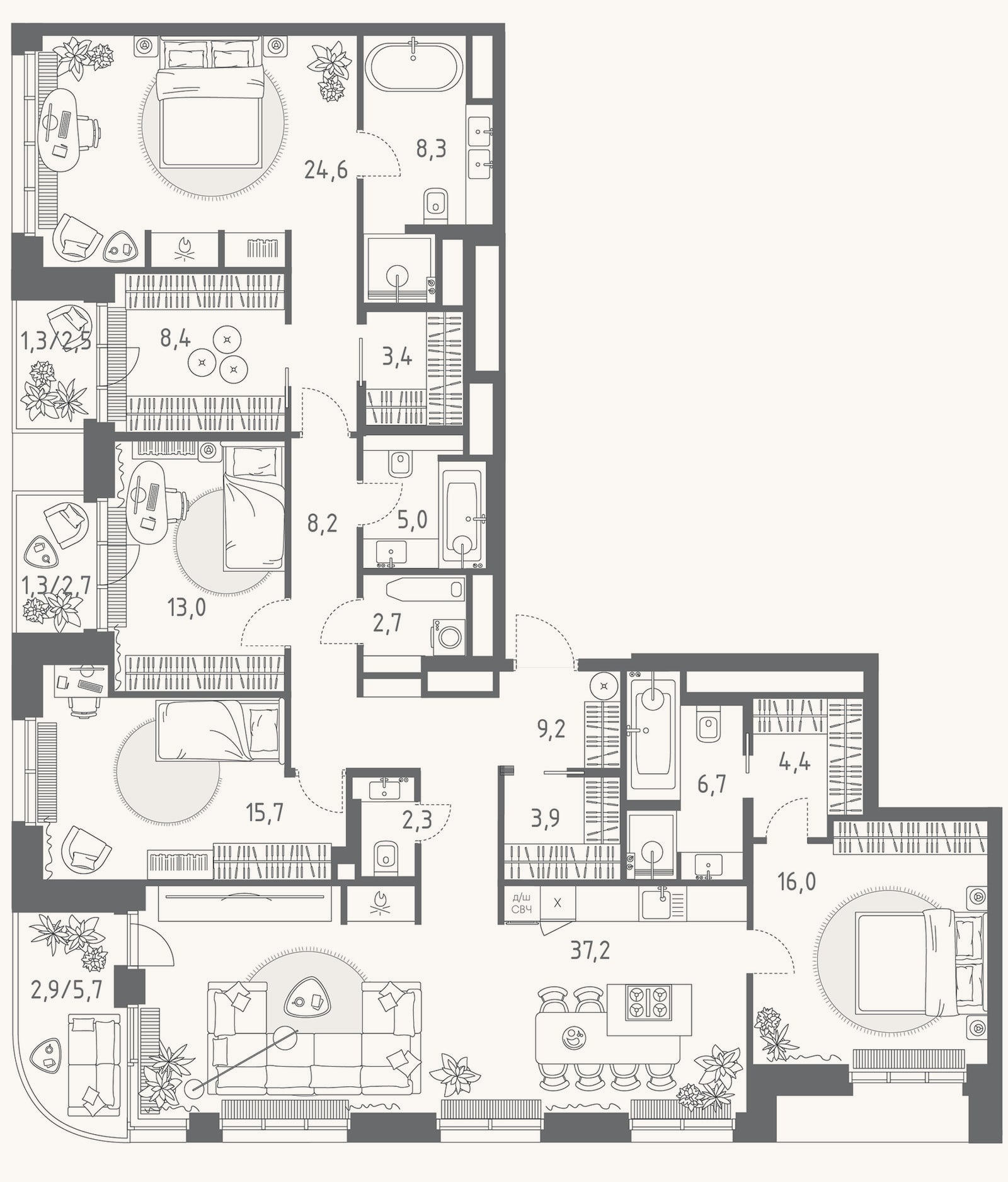 Планировка: 4+ к, 169 м²