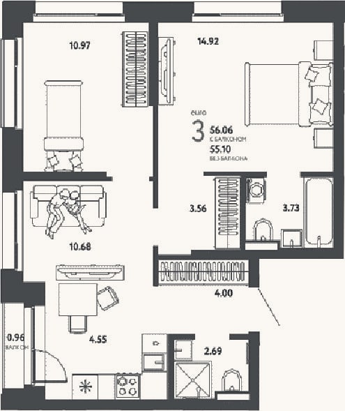 Планировка: 3-к, 55,1 м²