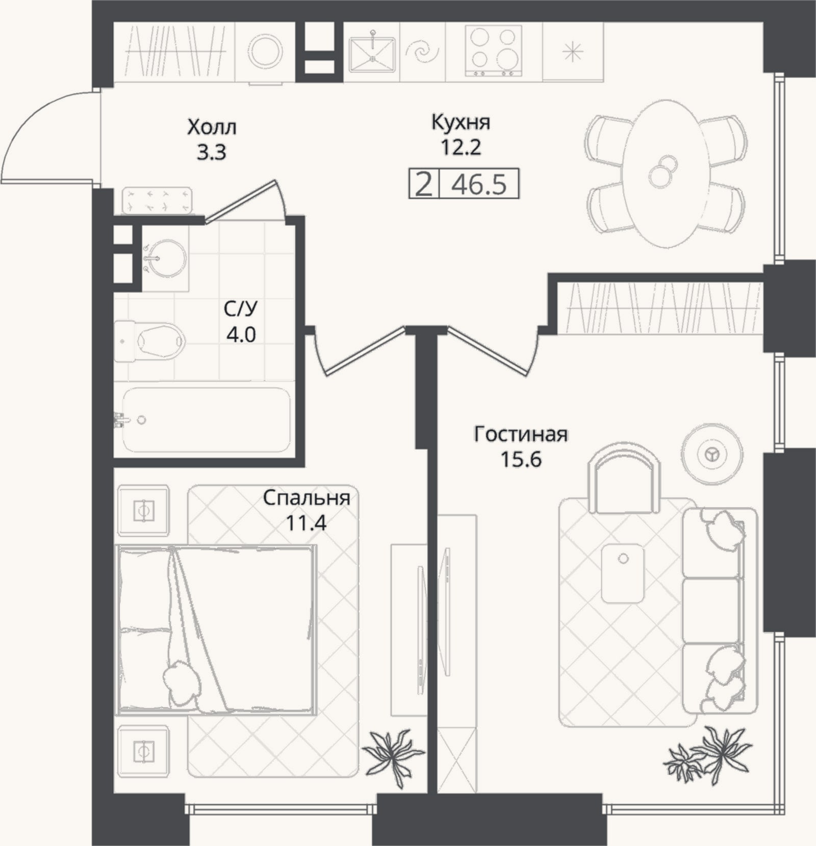 Планировка: 2-к, 46,5 м²