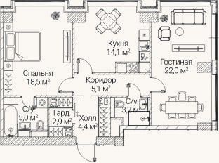 Планировка: 2-к, 75 м²