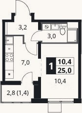 Планировка: 1-к, 23,6 м²