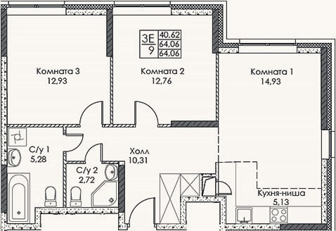 Планировка: 3-к, 64,1 м²