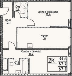 Планировка: 2-к, 67,7 м²