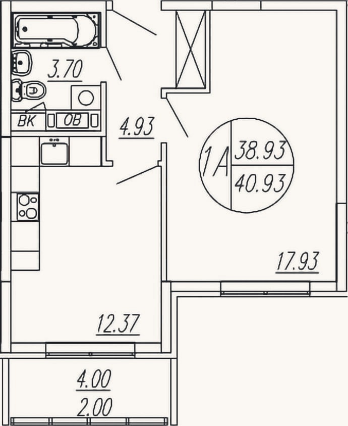 Планировка: 1-к, 38,9 м²